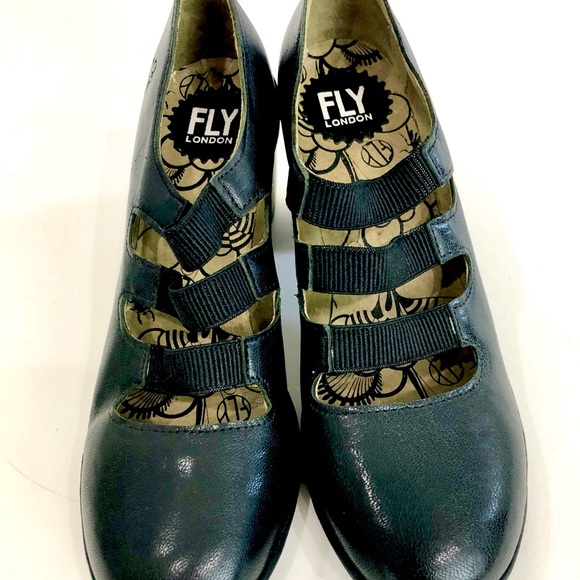 Fly London Black Heeled Shoes with Chunky Heel - Picture 2 of 7